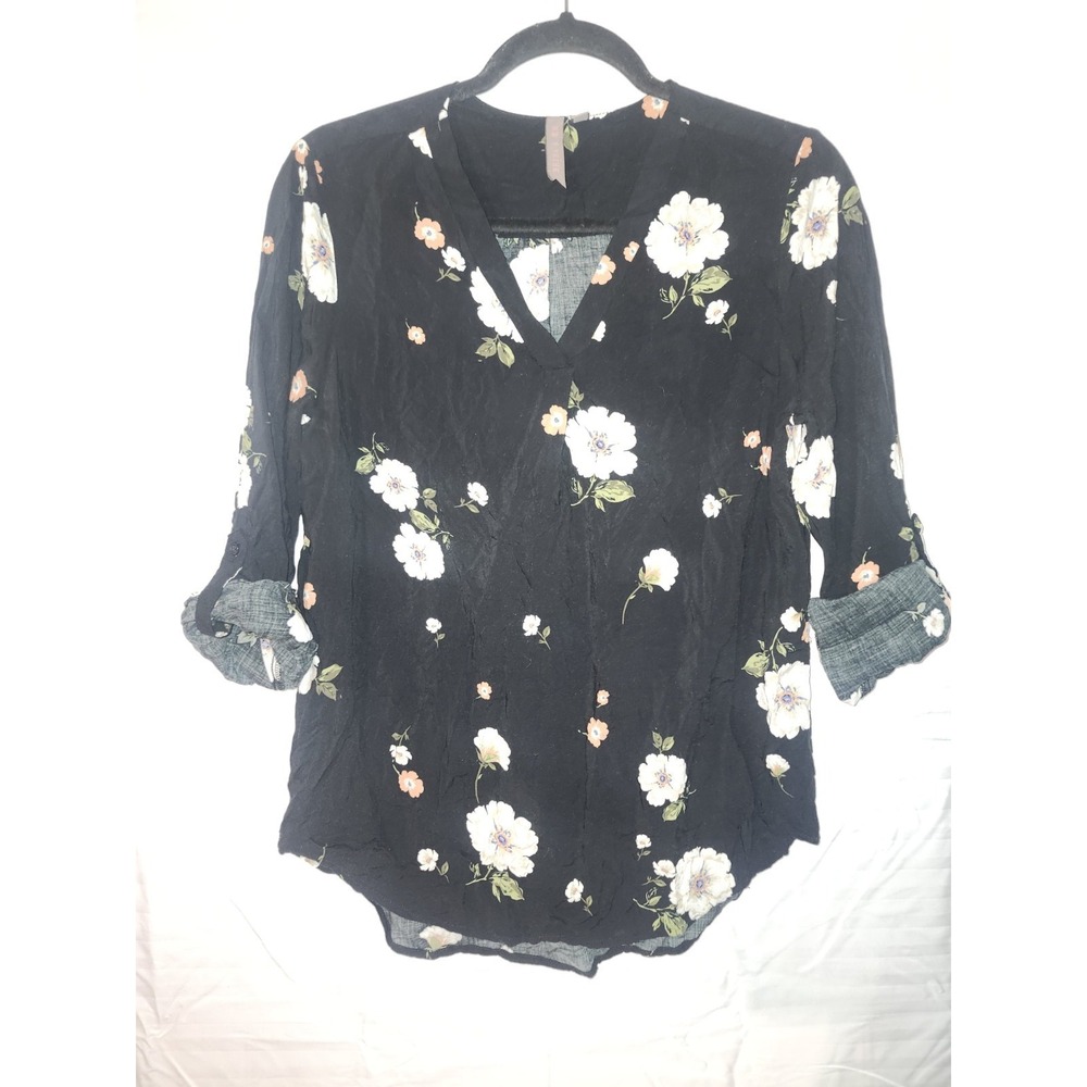 Brina&Em Women's Allover Floral Sheer 100% Rayon V-Neck 3/4 Sleeve Shirt Black M